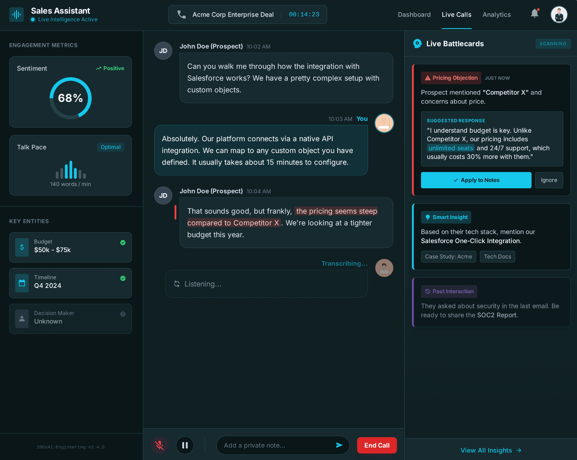 Real-time sales call assistant with live transcription
