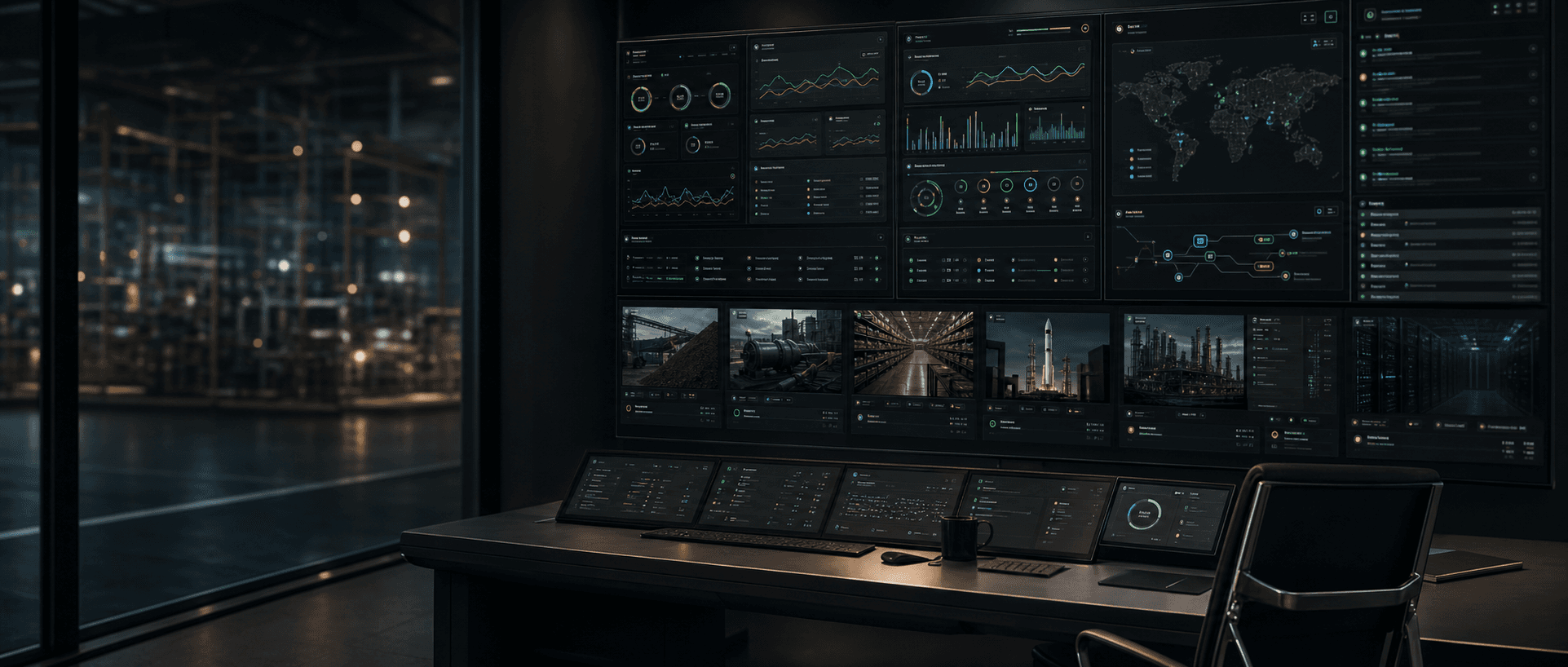 AI operating layer command room with industrial workflow dashboards