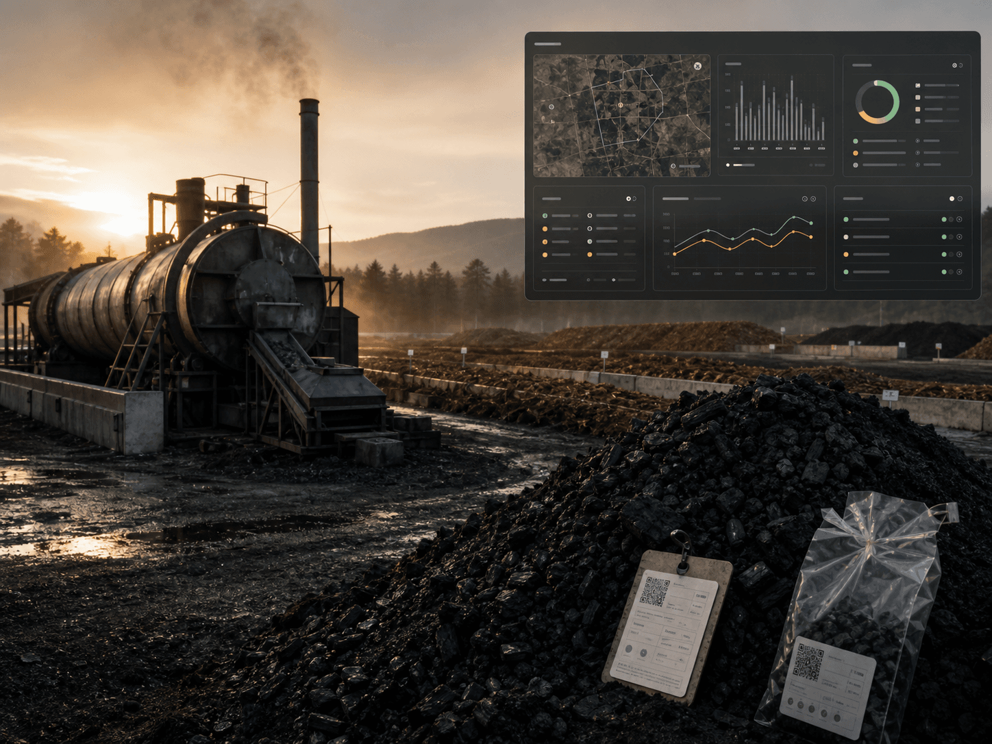 Biochar MRV yard with kiln stacks and evidence dashboard
