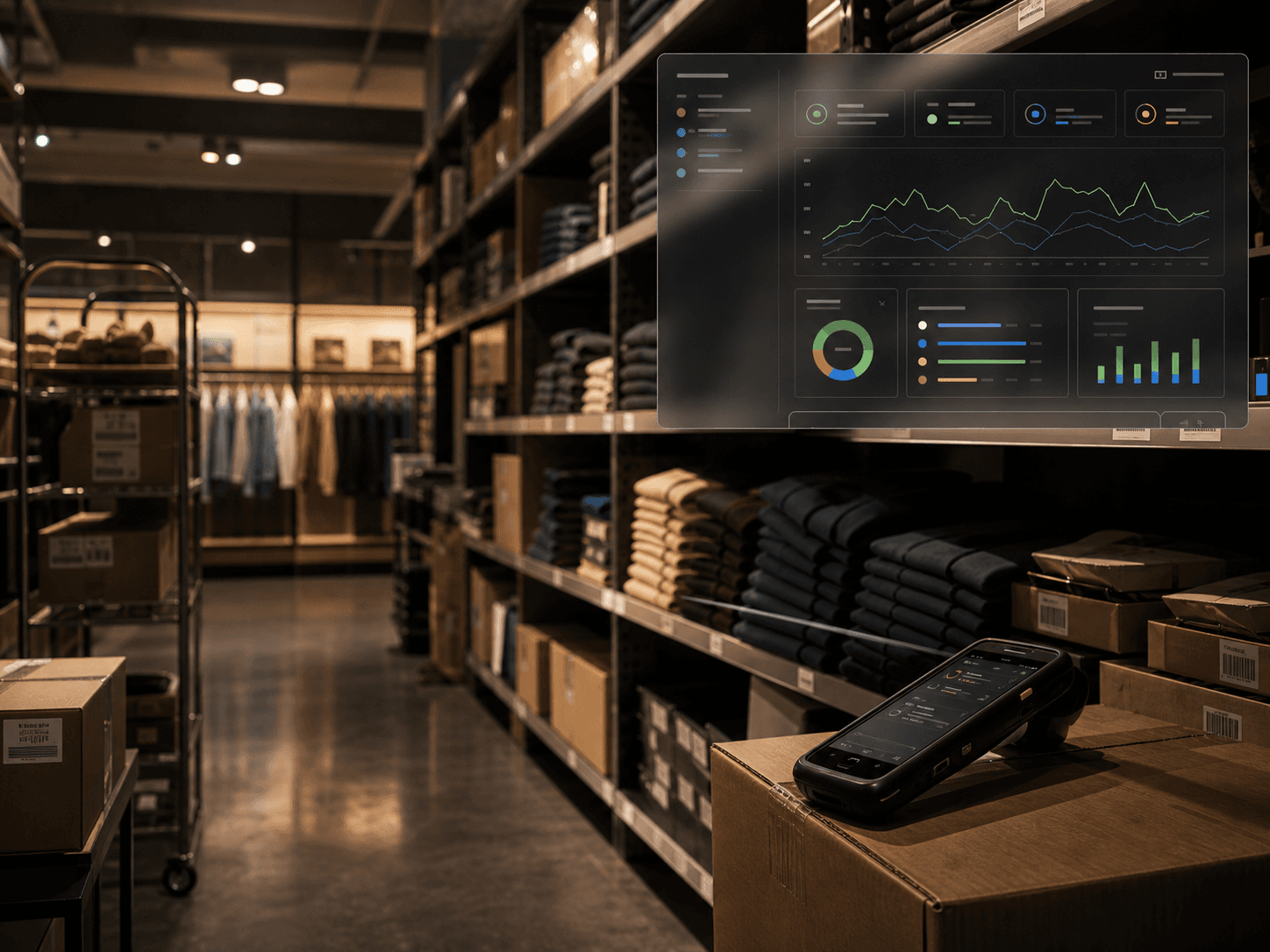 Retail aisle with demand signal and inventory command overlay